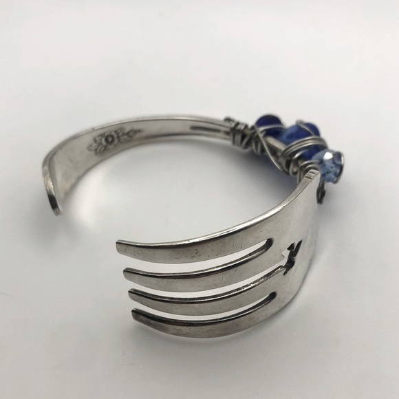 VTG Curved Fork Cutlery Bracelet w Wire Wrapped Glass Bead Accents 7” C & 2” D - Picture 1 of 10